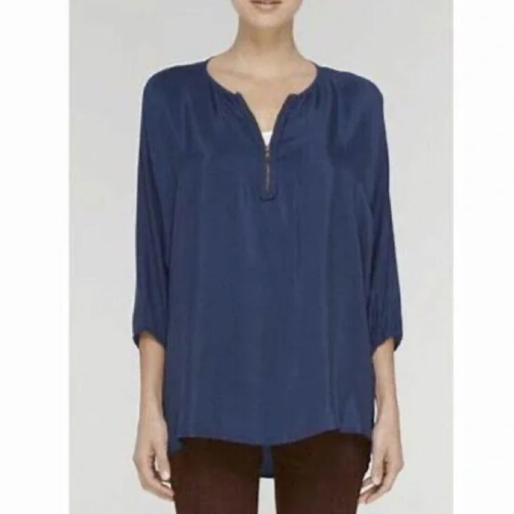 Vince 100% silk zip front 3/4 sleeve blouse top marine blue XS